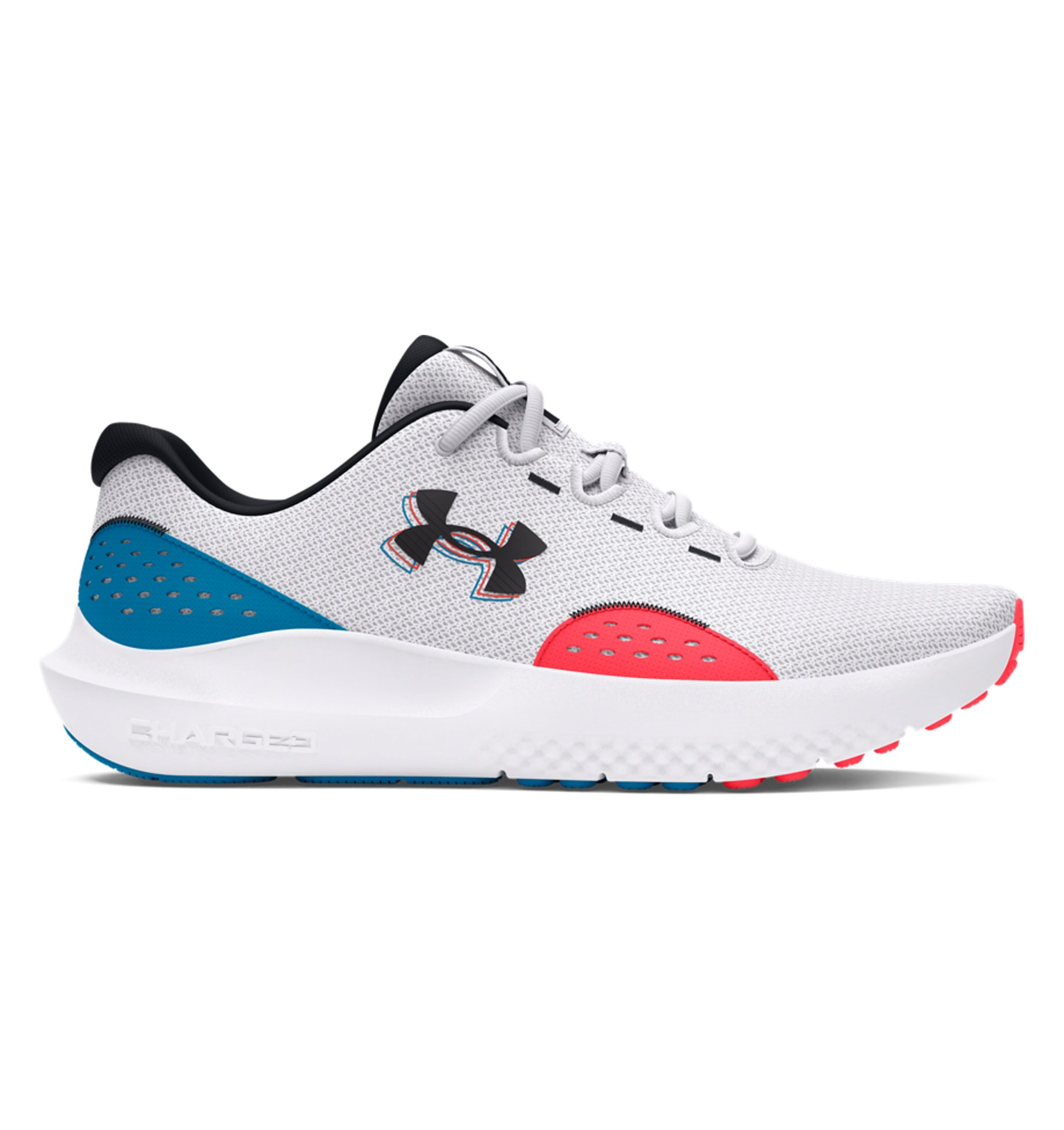 Under Armour UA Surge 4 Running Shoes in white, blue, and red with breathable mesh and cushioned support for comfort.